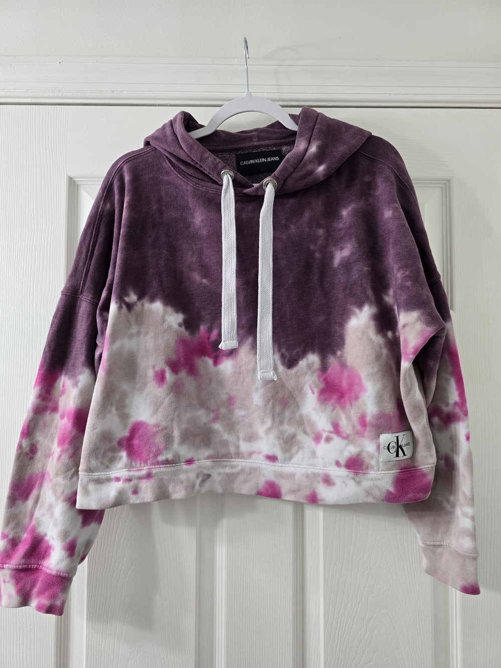 Calvin Klein Purple & Pink Tie-Dye Cropped Hoodie Sweater - Large